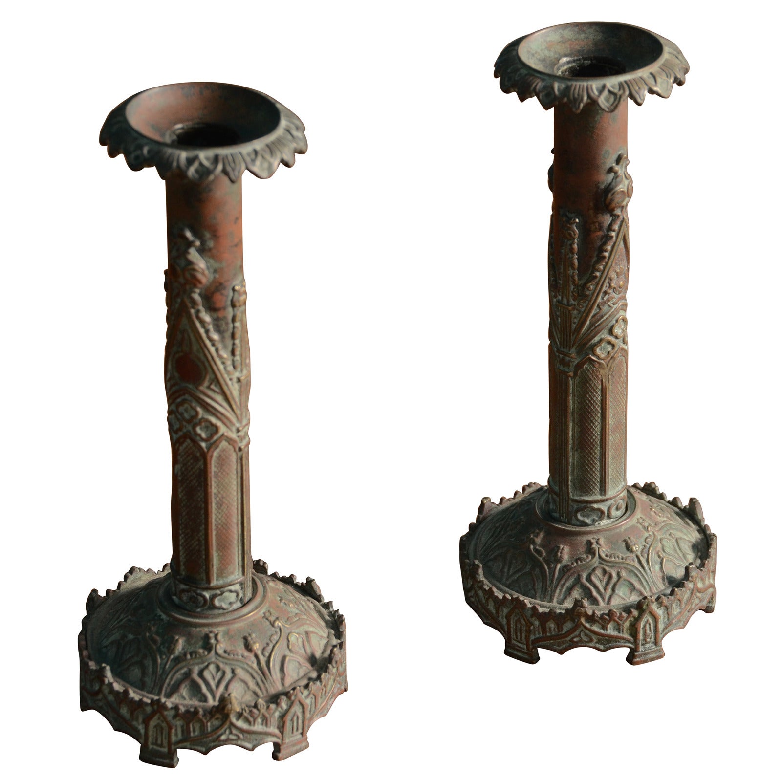Pair English Gothic Revival Brass & Patinated Bronze Candlesticks For Sale