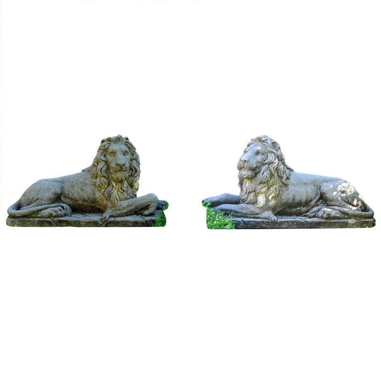 Reclining Hand-Carved Italian Limestone Lions For Sale