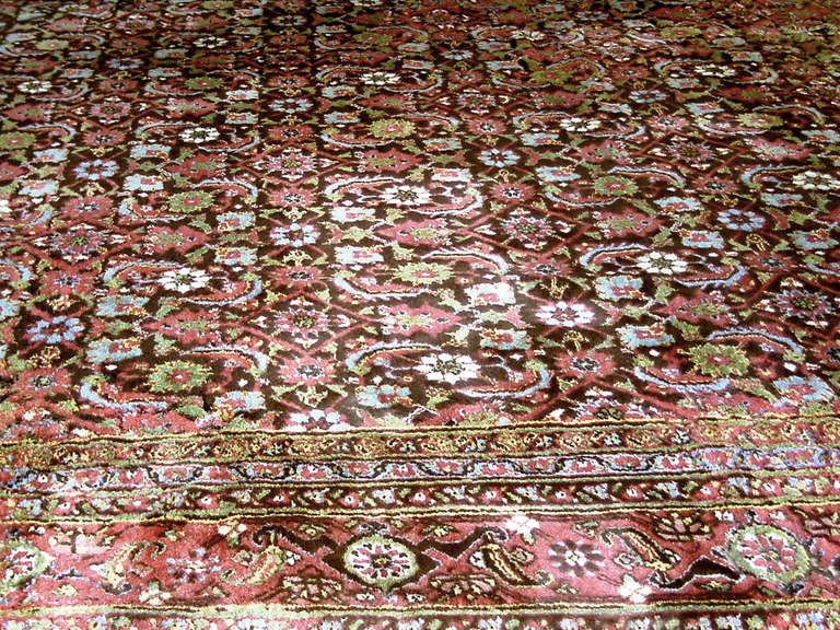 A very fine 19th century Indian carpet, a dark brown field with pistachio, ivory and raspberry flower heads and a raspberry border.