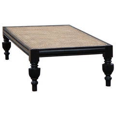 Anglo-Ceylonese Low Table in Solid Ebony with a Hard Caned Covered Top