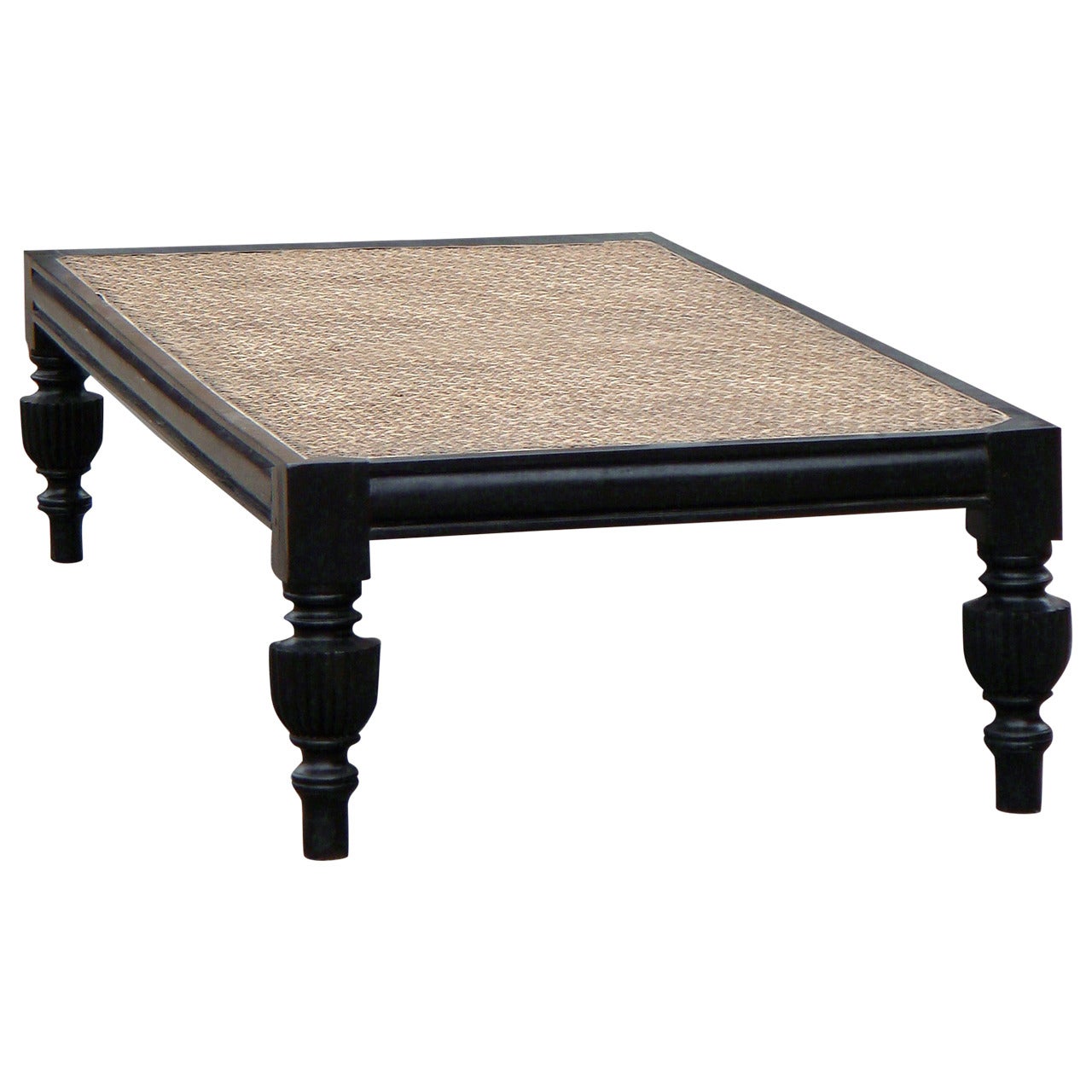 Anglo-Ceylonese Low Table in Solid Ebony with a Hard Caned Covered Top For Sale