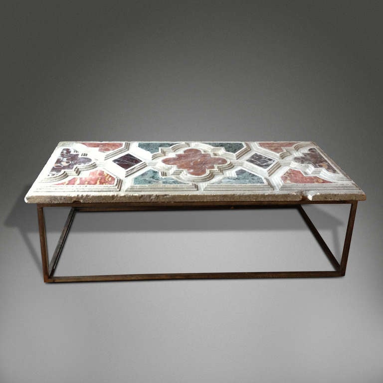 17th Century Florentine Coffee Table, on a 20th Century pitted steel square frame base