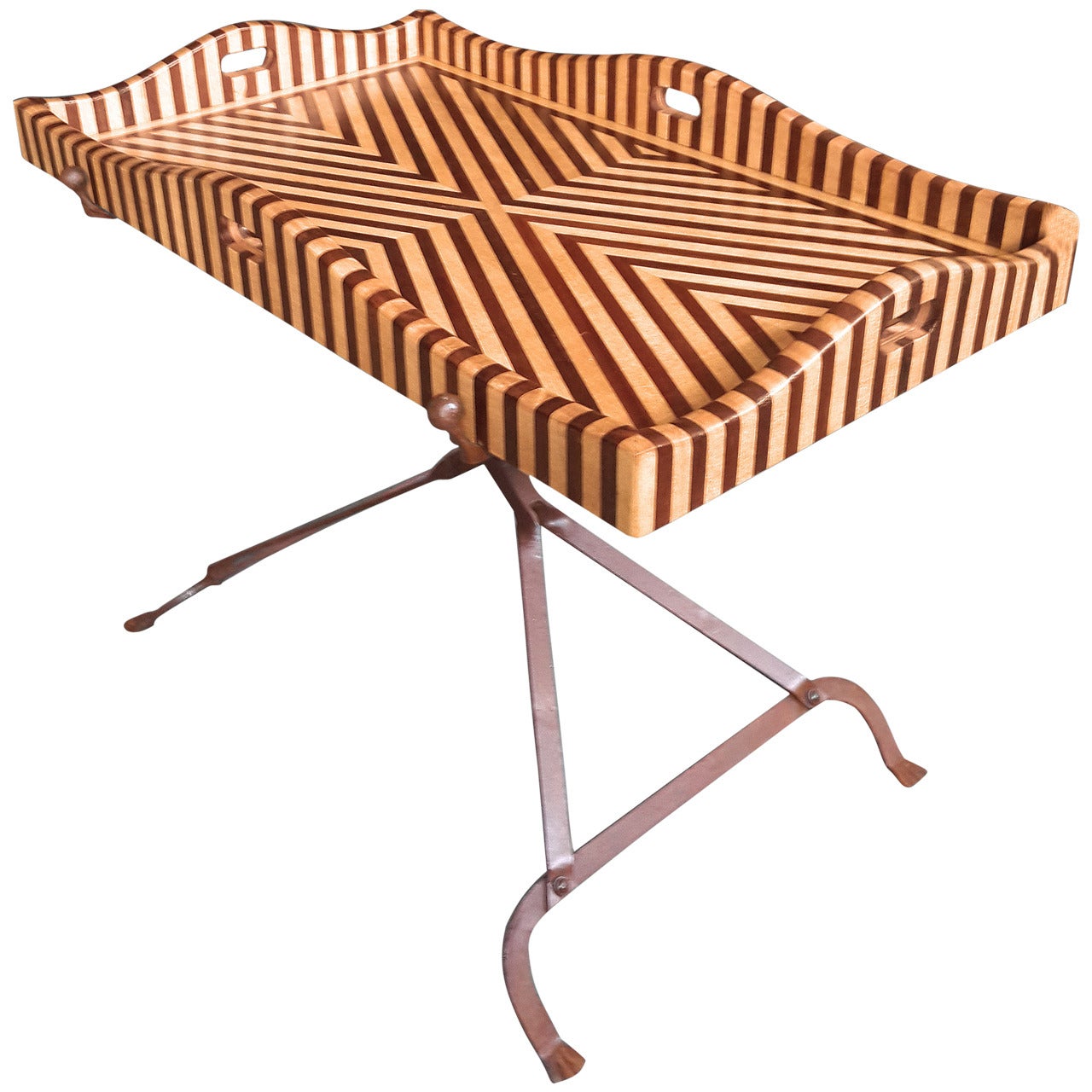 Striped Hard Wood Tray Table on Aged Steel Base, Design by Bill Willis For Sale at 1stDibs
