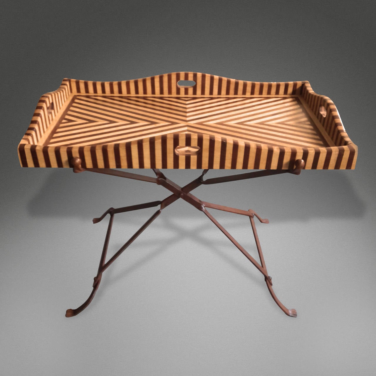 Striped Hard Wood Tray Table on Aged Steel Base, Design by Bill Willis