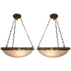 Pair of Fine Quality 20th Century Gilt Bronze and Alabaster Hanging Lights
