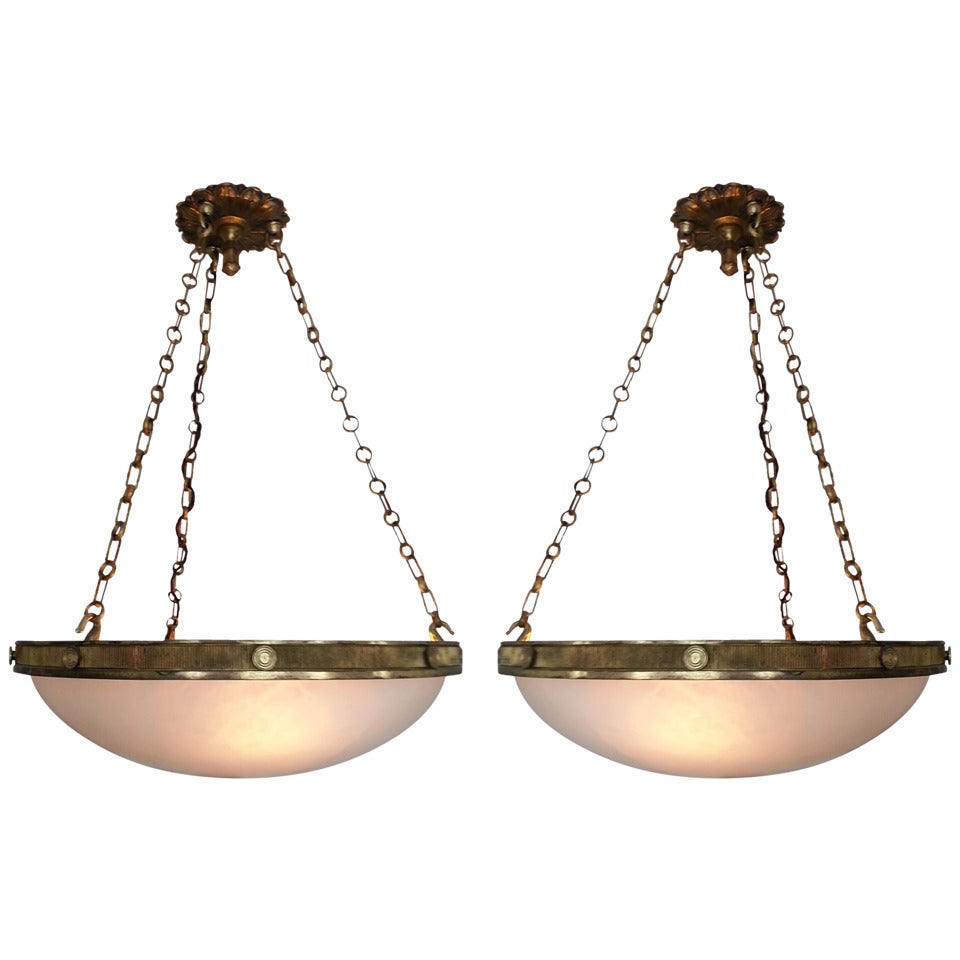 Pair of Fine Quality 20th Century Gilt Bronze and Alabaster Hanging Lights