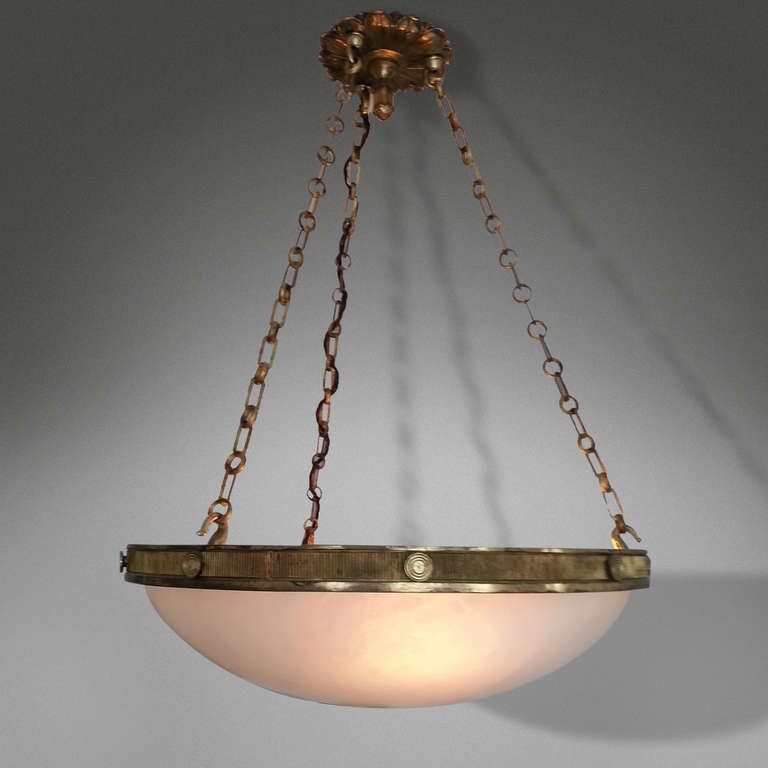 Pair of Fine Quality 20th Century Gilt Bronze and Alabaster Hanging Lights In Good Condition In London, GB