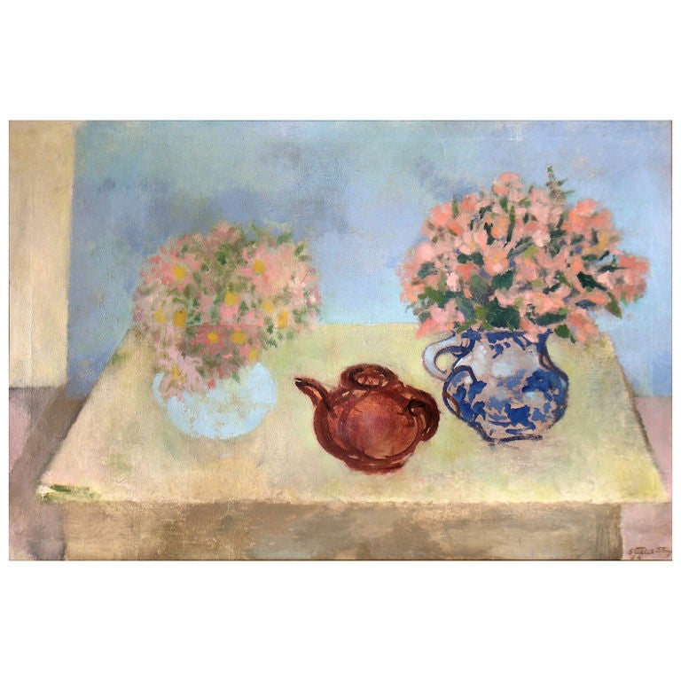 Still Life With Teapot and Flowers Oil on Canvas For Sale