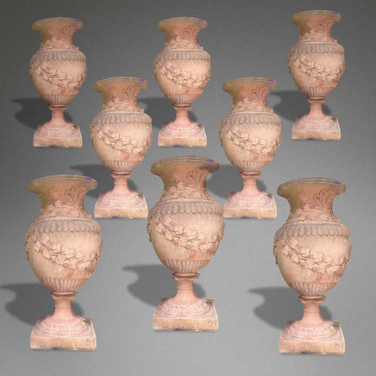 A very rare set of large-scale garden urns or vases, English, 19th century.

Currently in the process of restoration.