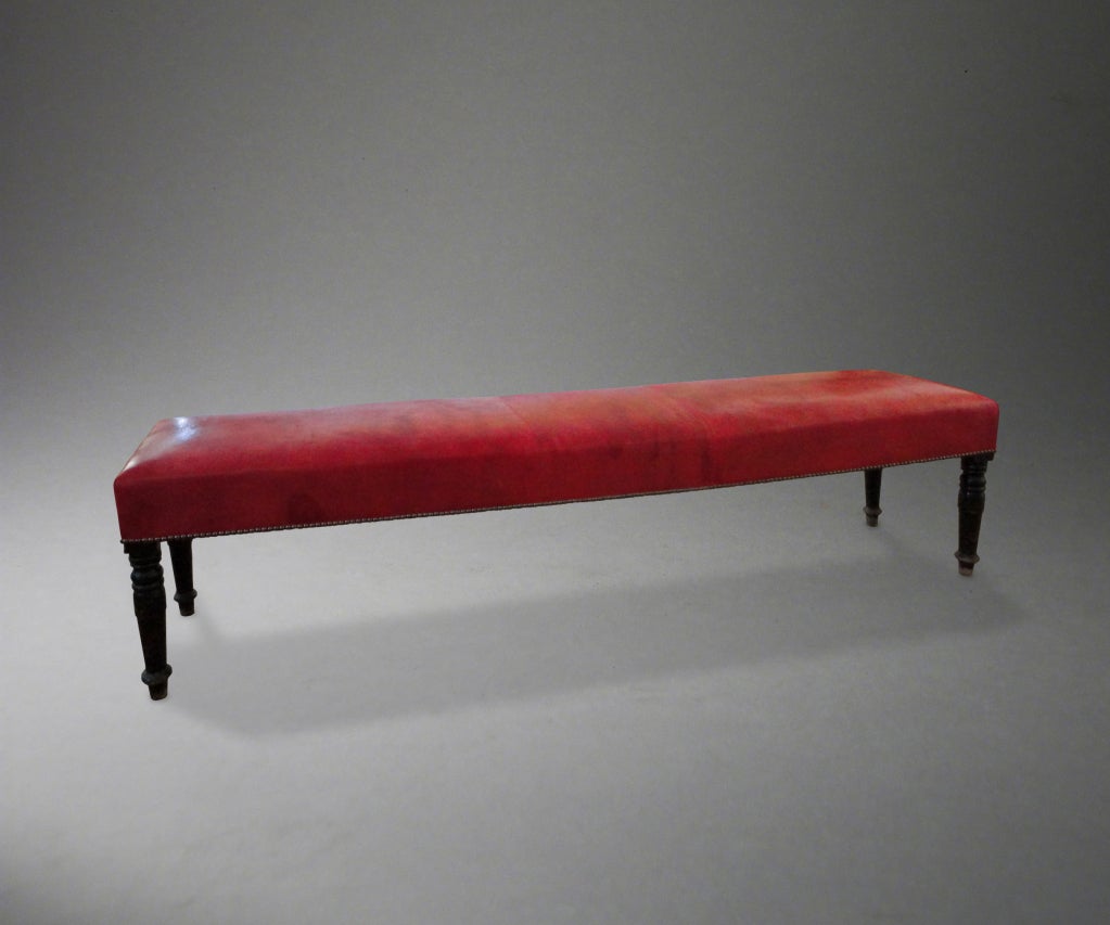 Red Morocco Leather End of Bed or Hall Bench with studded border.