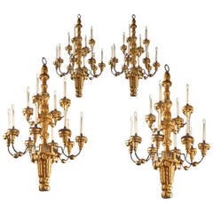 Rare Set of Four Early 18th Century Venetian Carved Giltwood Chandeliers