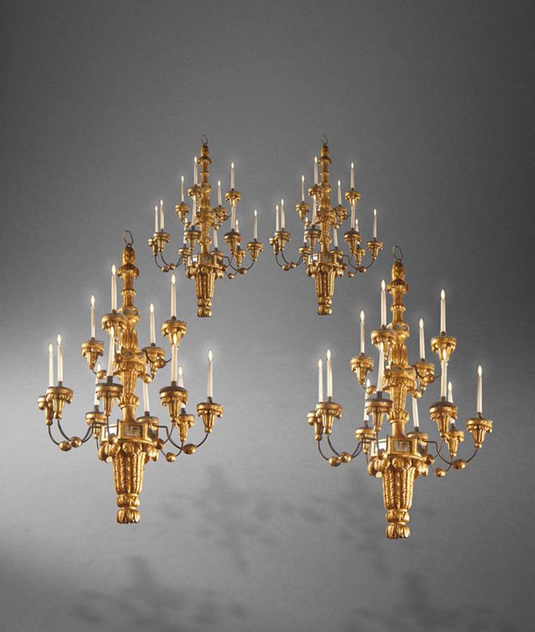 Rare Set of Four Early 18th Century Venetian Carved Giltwood Chandeliers