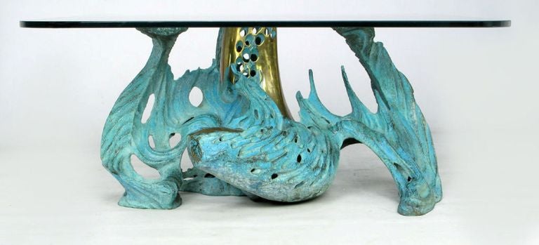 20th Century Bob Bennett Cast and Turquoise Patinated Bronze Abstract Sculpture Table