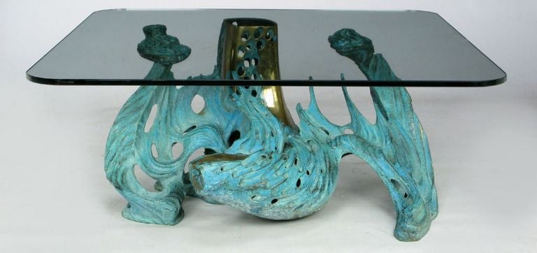 Bob Bennett Cast and Turquoise Patinated Bronze Abstract Sculpture Table In Excellent Condition In Chicago, IL