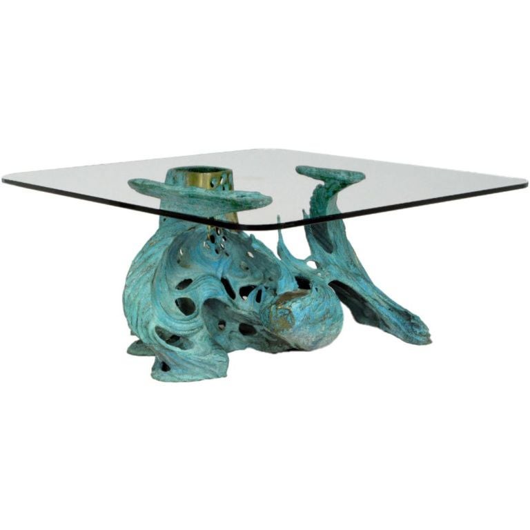 Glass Bob Bennett Cast and Turquoise Patinated Bronze Abstract Sculpture Table