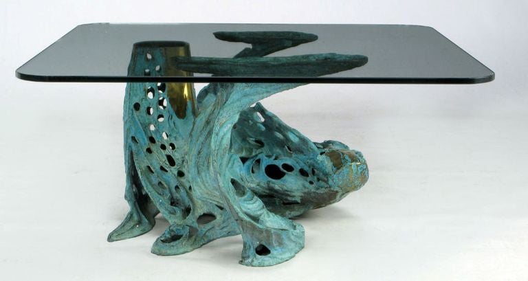 American Bob Bennett Cast and Turquoise Patinated Bronze Abstract Sculpture Table