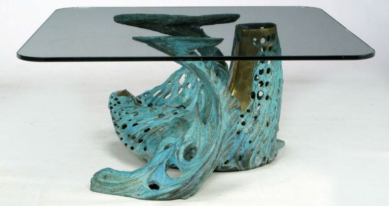 An original Bob Bennett bronze coffee table. Cast from solid bronze, patinated in an aged turquoise finish, with polishing in specific areas. A limited edition of 50, this design sold out quickly in the 1980s. It is no longer in production. The