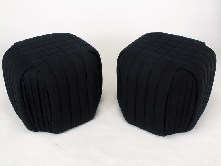 American Pair Channeled & Pleated Black Wool Ottomans By Preview Furniture