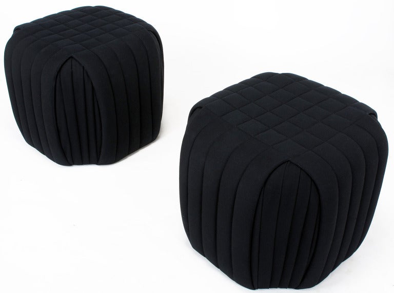 Pair Channeled & Pleated Black Wool Ottomans By Preview Furniture In Excellent Condition In Chicago, IL