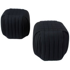 Pair Channeled & Pleated Black Wool Ottomans By Preview Furniture