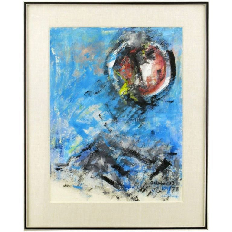 Intense and inspired acrylic on canvas in blue, red, yellow and black dated October 13 1978. Comes with a brushed chrome frame and linen mat. The frame measures 30.5