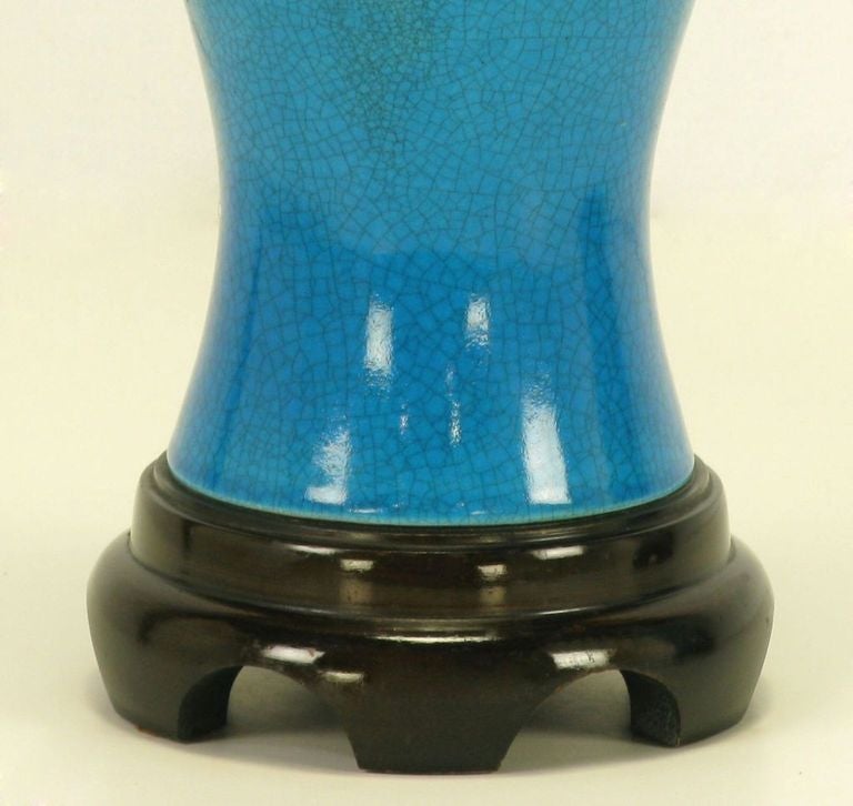 Mid-20th Century Pair Frederick Cooper Cerulean Blue Crackle Glaze Table Lamps