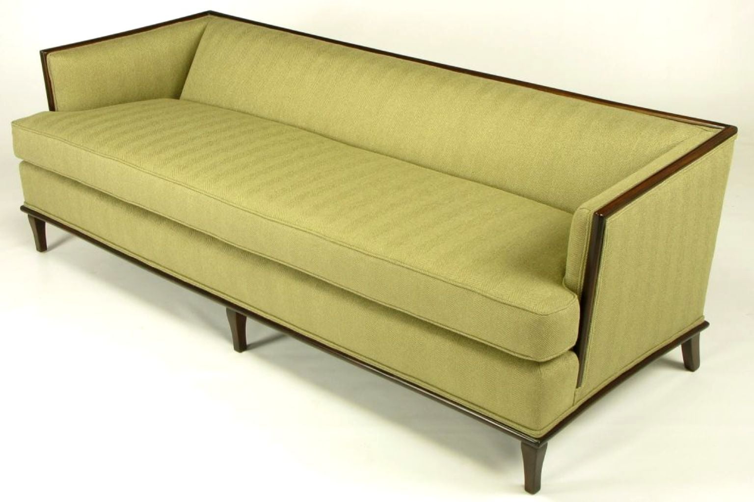 Sleek Mahogany Even-Arm Sofa In Sage Herringbone