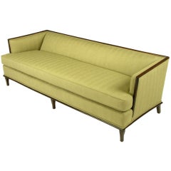 Sleek Mahogany Even-Arm Sofa In Sage Herringbone