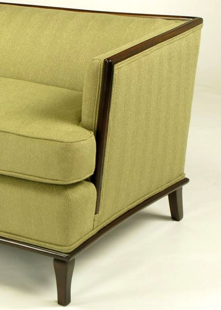 Sleek Mahogany Even-Arm Sofa In Sage Herringbone 3