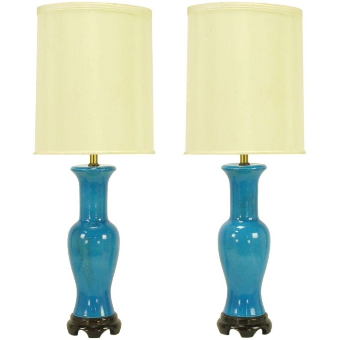 Pair Frederick Cooper Cerulean Blue Crackle Glaze Table Lamps