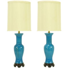 Vintage Pair Frederick Cooper Cerulean Blue Crackle Glaze Table Lamps