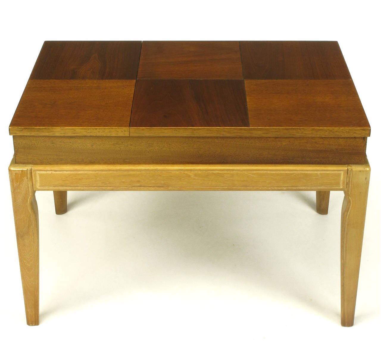 John Van Koert for Drexel side table or petite coffee table with walnut block parquetry top that flips up to reveal a storage area for remotes, magazines etc. Limed and bleached mahogany legs have incised detailing and crescent shaped curve at the