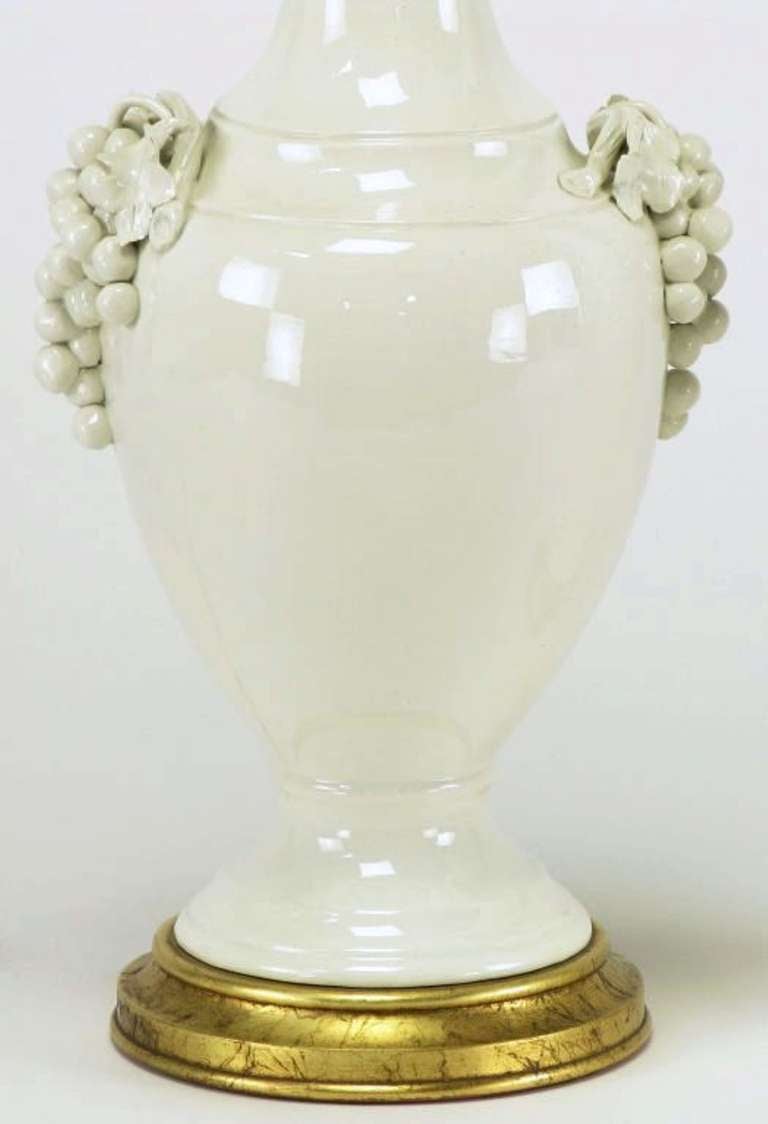 Pair Fredrick Cooper White Glazed Ceramic Table Lamps with Grape Clusters In Excellent Condition In Chicago, IL