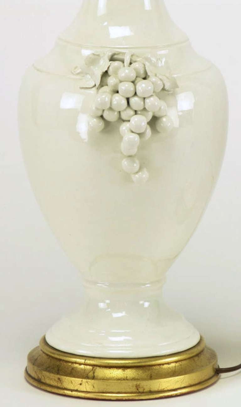 Mid-20th Century Pair Fredrick Cooper White Glazed Ceramic Table Lamps with Grape Clusters