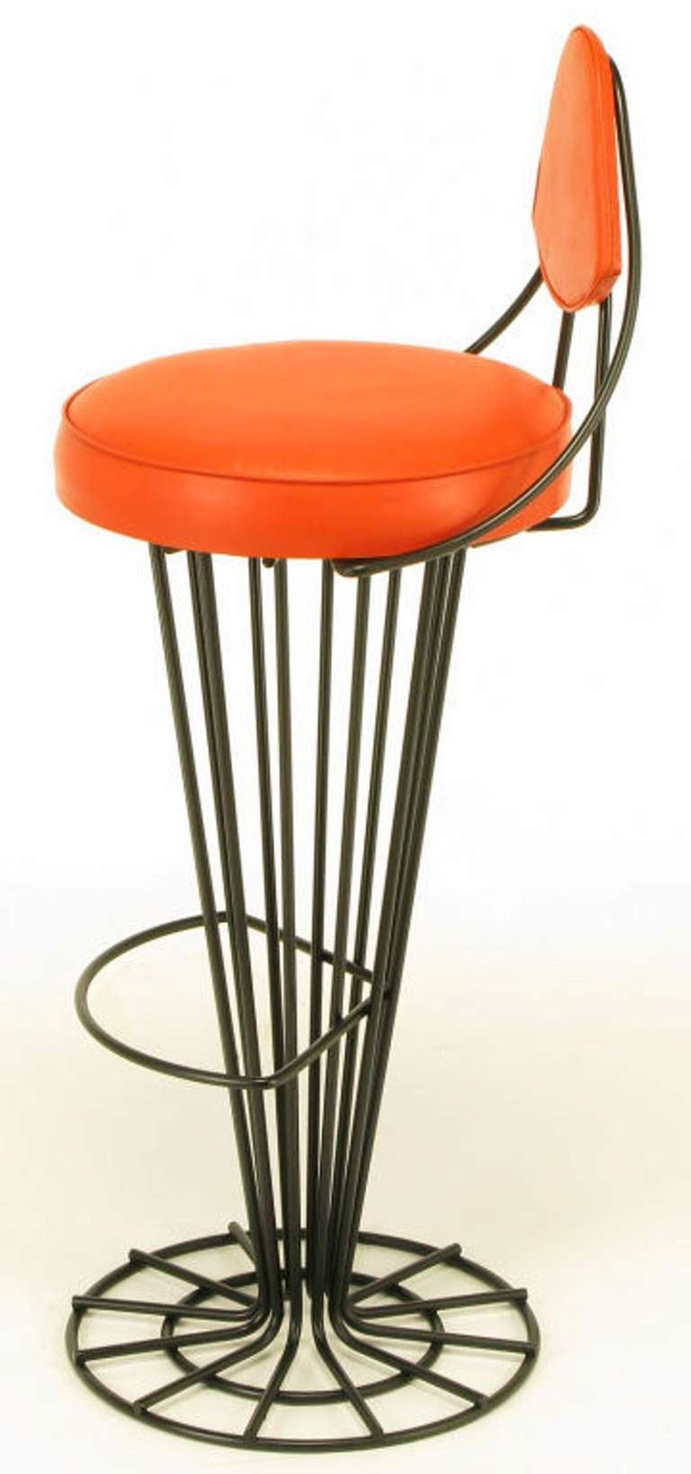 Set Four Sculptural Black Wrought Iron & Persimmon Bar Stools In Excellent Condition In Chicago, IL