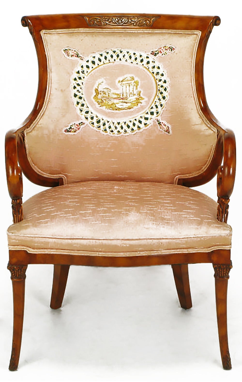 Expertly carved walnut Italian Regency armchair with pink textured silk upholstery. The back is curved, with quilted appliques depicting a Classic Roman-Greco temple. Acanthus leaf ornamentation.
