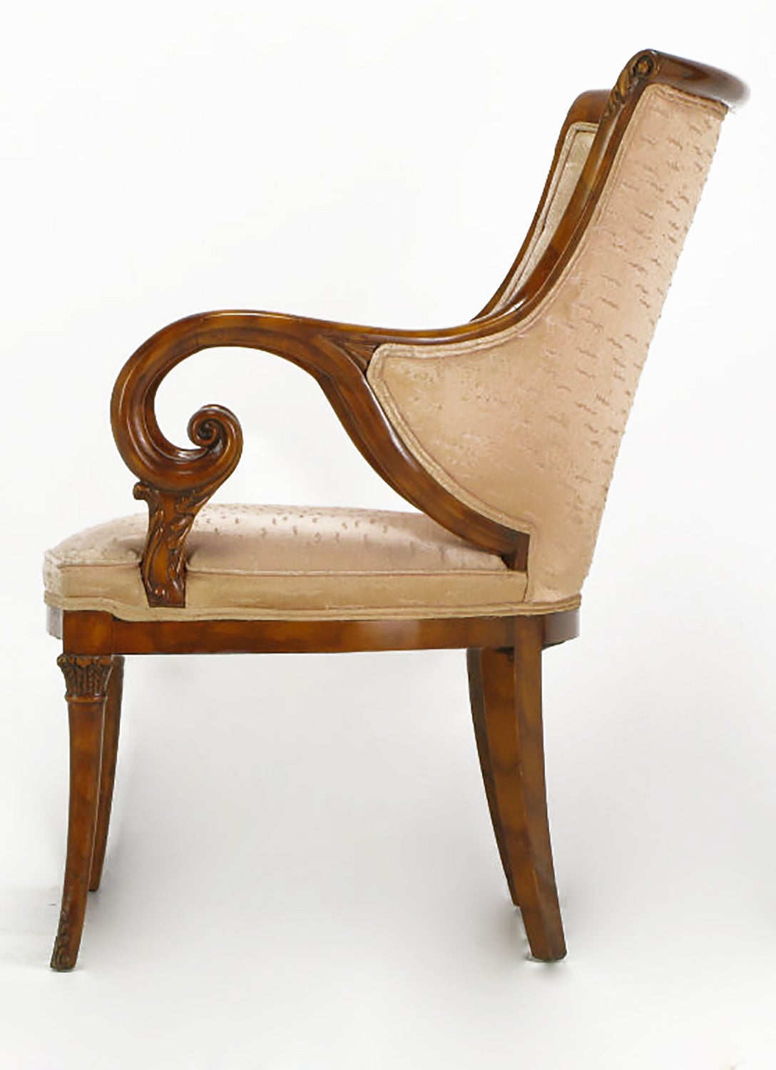 Carved 1940s Italian Regency Armchair with Quilted Silk Upholstery For Sale