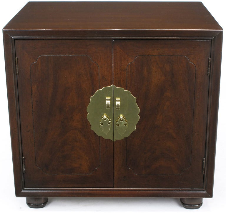 American Pair Chinoiserie Figured Walnut Cube End Tables