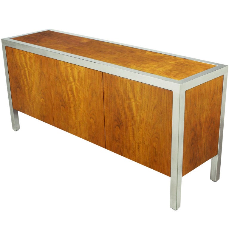 Pace Collection Fiddleback Koa Wood and Polished Steel Cabinet at 