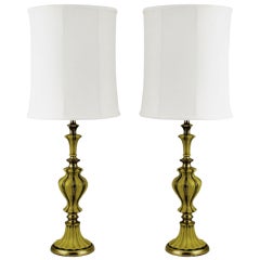 Retro Pair of Rembrandt Brass and Antiqued Saffron Yellow Table Lamps