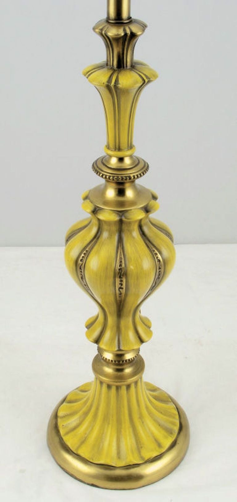 Pair of Rembrandt Brass and Antiqued Saffron Yellow Table Lamps In Good Condition For Sale In Chicago, IL