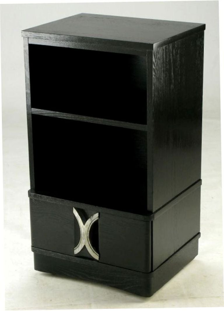 American 1940s Black Lacquered and Silver Leaf Single Drawer Nightstand For Sale