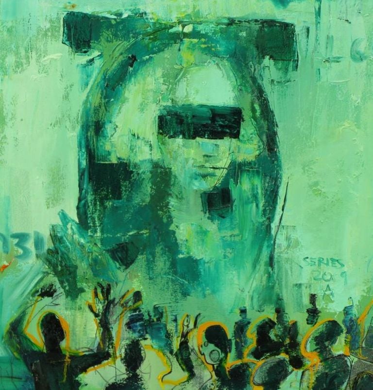 Contemporary Russian art work depicting a large dollar bill in the foreground with a fleeing crowd at the bottom. Well executed oil stretched on canvas without frame. Signed in verso and dated 1999.
