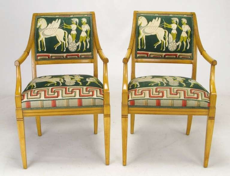 Pair Beech Empire Armchairs With Greek Key Centurion Upholstery