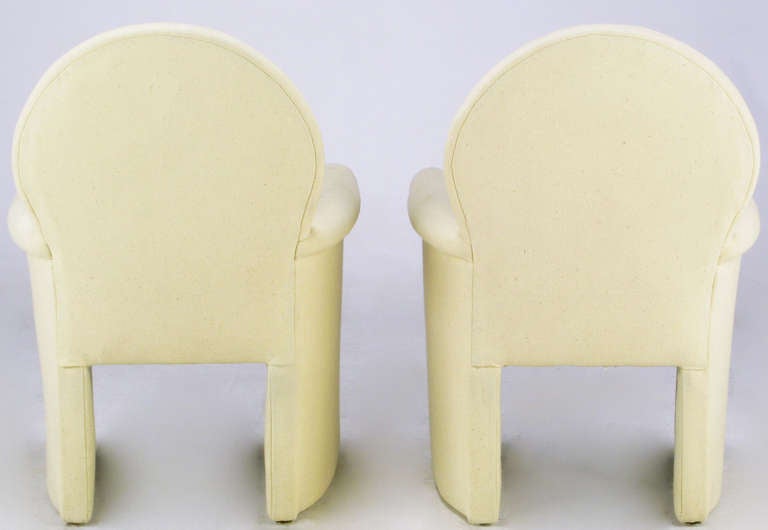 20th Century Pair Art Deco Revival Rolled Arm Club Chairs in Ivory Wool