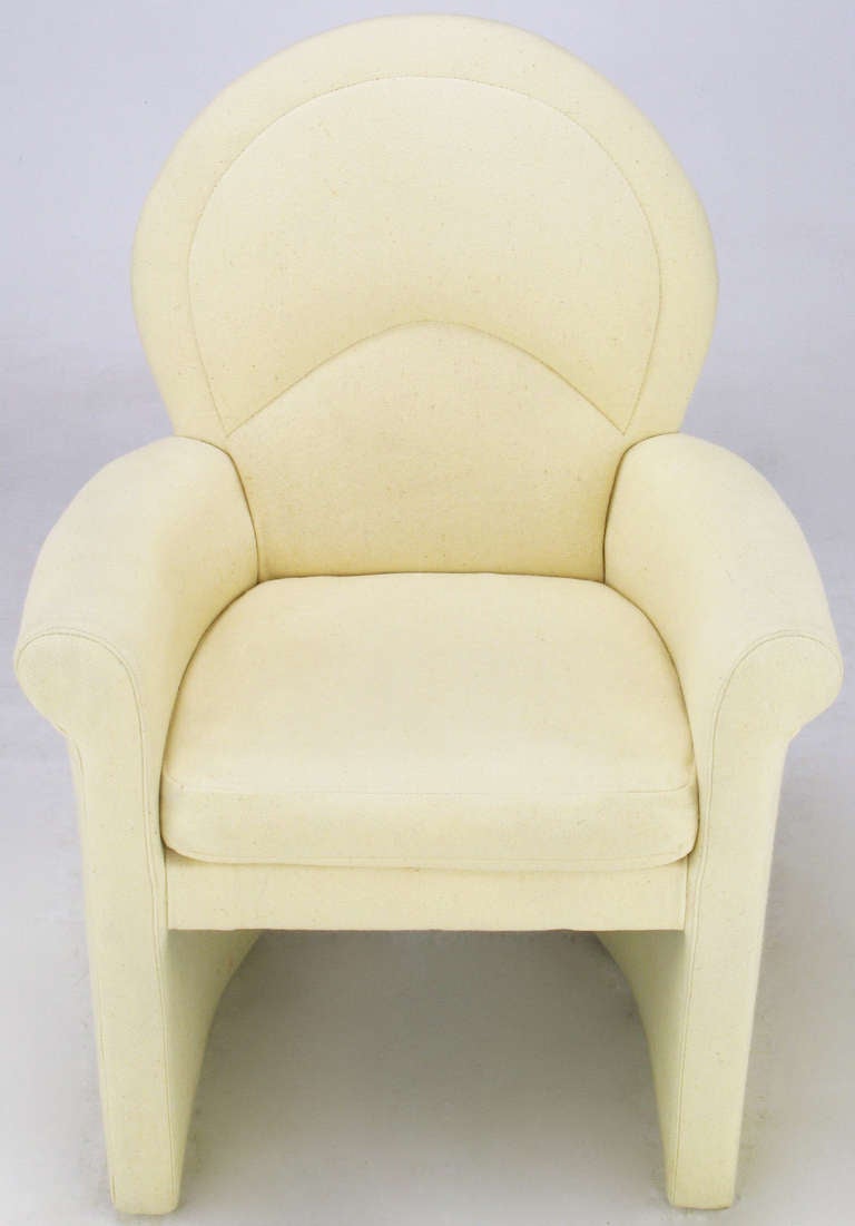 Wood Pair Art Deco Revival Rolled Arm Club Chairs in Ivory Wool