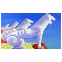 Grande dipinto di Sfingi contro il cielo blu di Leon Bishop (1927-2006)