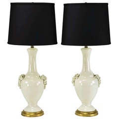 Pair Fredrick Cooper White Glazed Ceramic Table Lamps with Grape Clusters