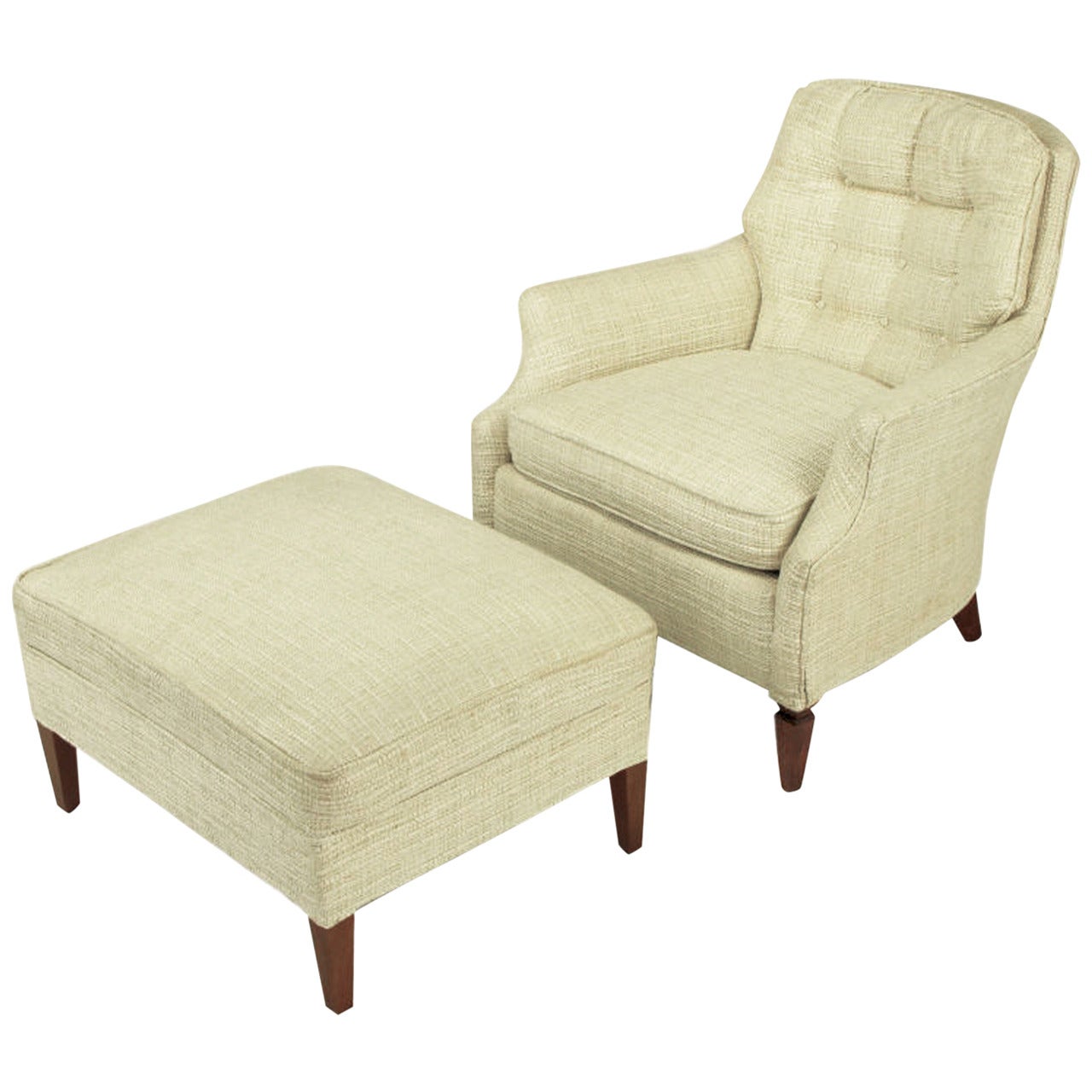 Button Tufted Creamy Linen Lounge Chair and Ottoman