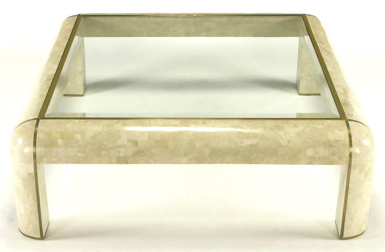 Square Maitland Smith Tessellated Fossil Stone and Inlaid Brass Coffee Table In Excellent Condition In Chicago, IL